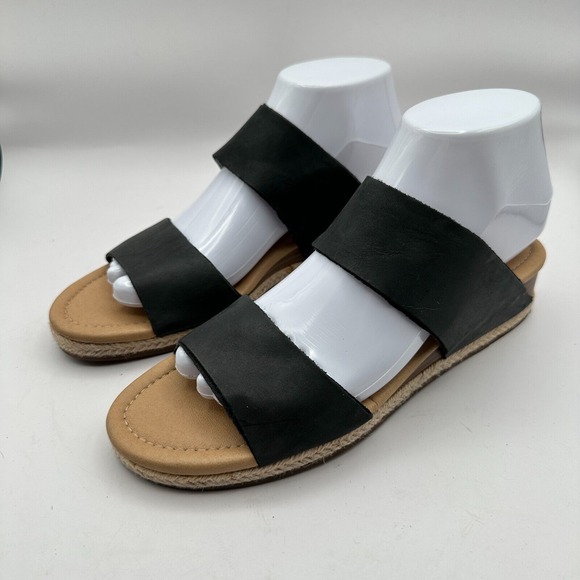 Lucky Brand Wyntor Wedge Sandals Womens Size 8M/38.5 Brown Black Leather Summer‎ - Picture 1 of 9
